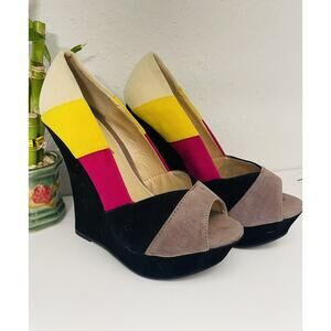 Pre-Owned Alba Color Black Yellow 5" High Heel Open Toe Wedges SZ 6 Disco